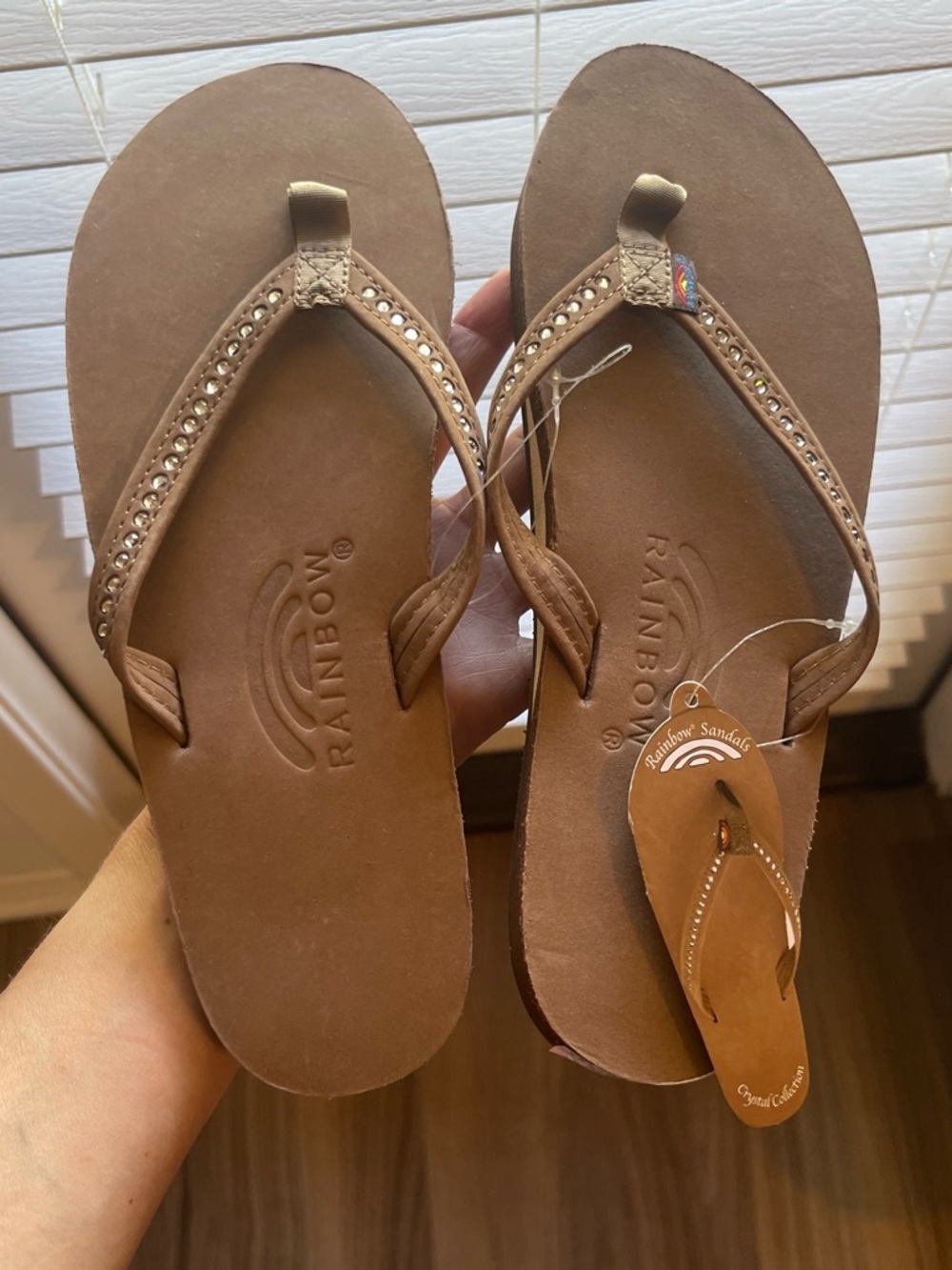 Rainbow Women's Brown Crystal-Studded Leather Flip Flops